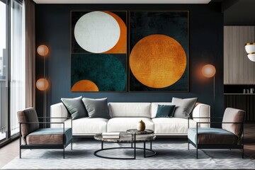 modern living room interior, an abstract geometric painting commands attention on a dark blue wall
