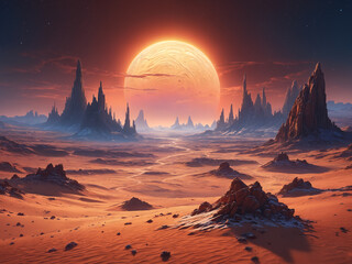 A desert alien landscape with a large, bright planet in the center, surrounded by sand dunes and rocky terrain.