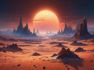 Foto op Canvas A desert alien landscape with a large, bright planet in the center, surrounded by sand dunes and rocky terrain. © Aleksei Solovev