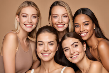 Beauty, diversity and portrait of women happy with makeup for cosmetic skincare isolated in studio brown background. Skin, aesthetic and young friends together for self care, dermatology and support