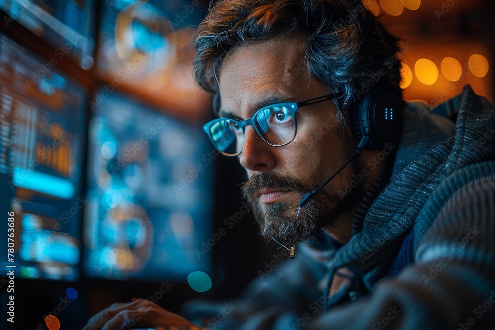 Poster a clearly engaged individual with headphones lost in a dynamic, technology-driven task, blending mod