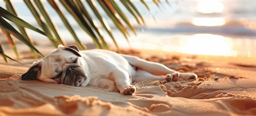 Chill Vibes: A Relaxed Dog Sports Stylish Sunglasses Enjoying a Sunset on the Beach, Epitomizing...