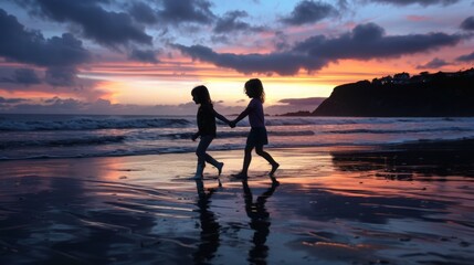 Fototapeta premium Siblings hold hands by the sea at sunset.