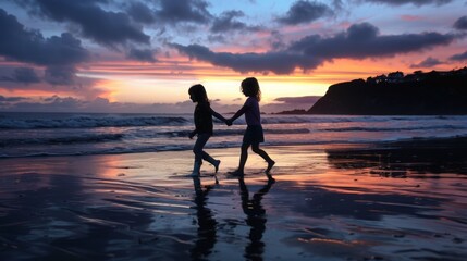 Siblings hold hands by the sea at sunset.