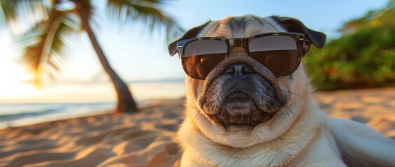 Chill Vibes: A Relaxed Dog Sports Stylish Sunglasses Enjoying a Sunset on the Beach, Epitomizing...