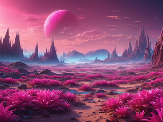 A fantastical landscape filled with pink and purple elements. It appears to be a desert or a field with a unique coloration, resembling a painting or a scene from a science fiction story. - obrazy, fototapety, plakaty