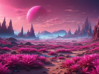 Poster A fantastical landscape filled with pink and purple elements. It appears to be a desert or a field with a unique coloration, resembling a painting or a scene from a science fiction story. © Aleksei Solovev