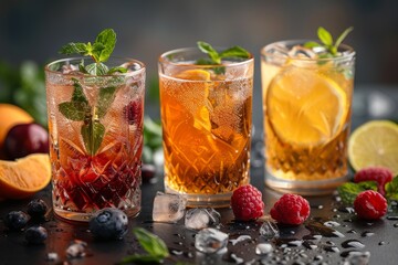 Three glasses with different cold beverages, adorned with fresh fruit and mint, perfect for summer
