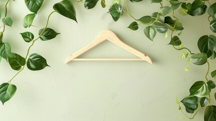 A wooden hanger adorned with vibrant green leaves symbolizing eco-friendly apparel choices and the sustainable fashion movement, emphasizing the importance of environmentally conscious clothing. - obrazy, fototapety, plakaty