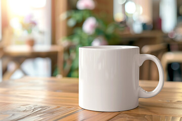 White Coffee Mug on the table in a coffee shop, mug mockup