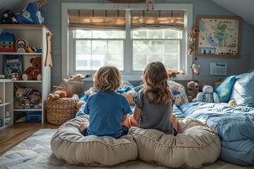 Two young boys sitting comfortably on plush cushions, enjoying time in an animal-themed room - obrazy, fototapety, plakaty