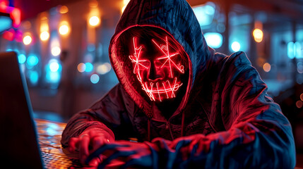 A hooded mysterious figure with scary glowing, futuristic mask typing at a laptop computer, crime, cyber attack, security, cybersecurity and data protection - obrazy, fototapety, plakaty