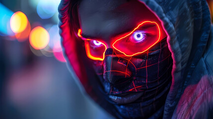 A man is depicted wearing a neon mask with glowing eyes, giving off a mysterious and futuristic vibe, eerie and intriguing atmosphere, danger, fraud, crime, attack, spying - obrazy, fototapety, plakaty
