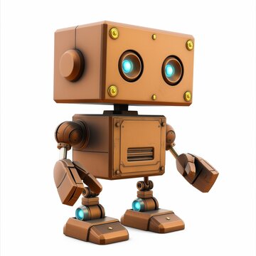A cartoon robot, brown in color. Cute baby cyborg, retro, futuristic modern robot, android, toy character