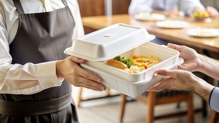 Fototapeta premium A waiter in a restaurant hands a plastic container of food to a client.