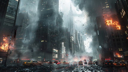 A ruined city during the war. Burning buildings and cars.