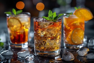 Three chilled iced drinks with mint sprigs and orange garnishes on a bar table with water droplets