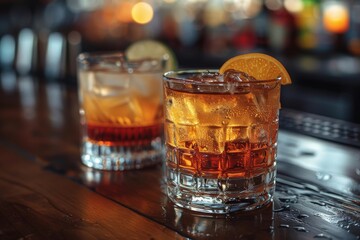 Close-up of two glasses of whiskey with ice, showing the warmth and sophistication of fine spirits