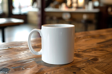 Fototapeta premium White Coffee Mug on the table in a coffee shop, mug mockup
