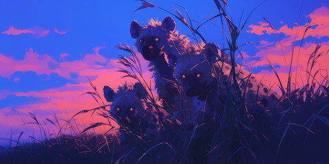 three hyenas at dusk