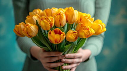Bouquet of beautiful yellow spring tulips in women's hands. Fresh spring composition on blurred background. Close up.