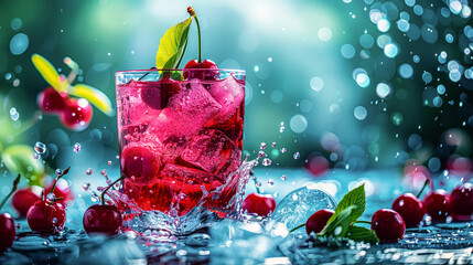 Large glass filled with cold cherry juice with ice cubes, decorated with green leaves of fresh mint and whole red cherry stands on table. Blurred background with bokeh. Epic style, splashes of water.