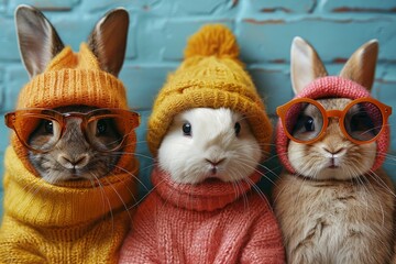 Trio of rabbits decked out in bright headgear and scarves, radiating winter fun
