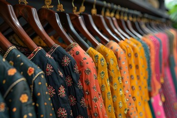 Fototapeta premium Indian Women's Fashion Dresses Showcased on Hangers in a Retail Shop. Concept Indian Fashion, Women's Dresses, Retail Shop, Hangers Display