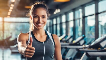 Portrait of happy athletic woman showing thumb up, smiling and looking at camera on gym background with copy space - Powered by Adobe