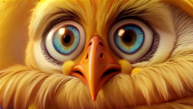 An imaginative illustration of an eagle with wide blue eyes and soft, detailed feathers in a yellow hue.