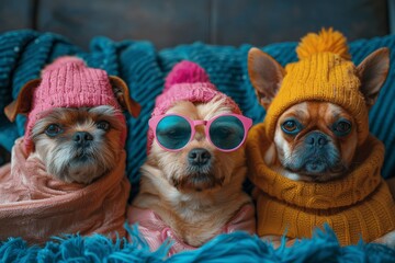 Portrait of three small dogs wrapped in scarves and wearing winter hats against a blue backdrop