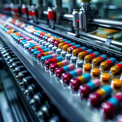 Obraz premium A colorful pills being printed on an advanced machine in the environment of an industrial production facility