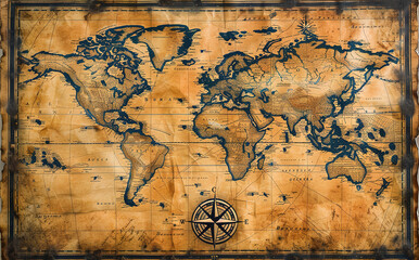 Old vintage world map with compass rose