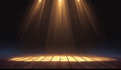 A stage with spotlights shining down, creating an atmospheric and mysterious ambiance. The floor is made of wooden planks