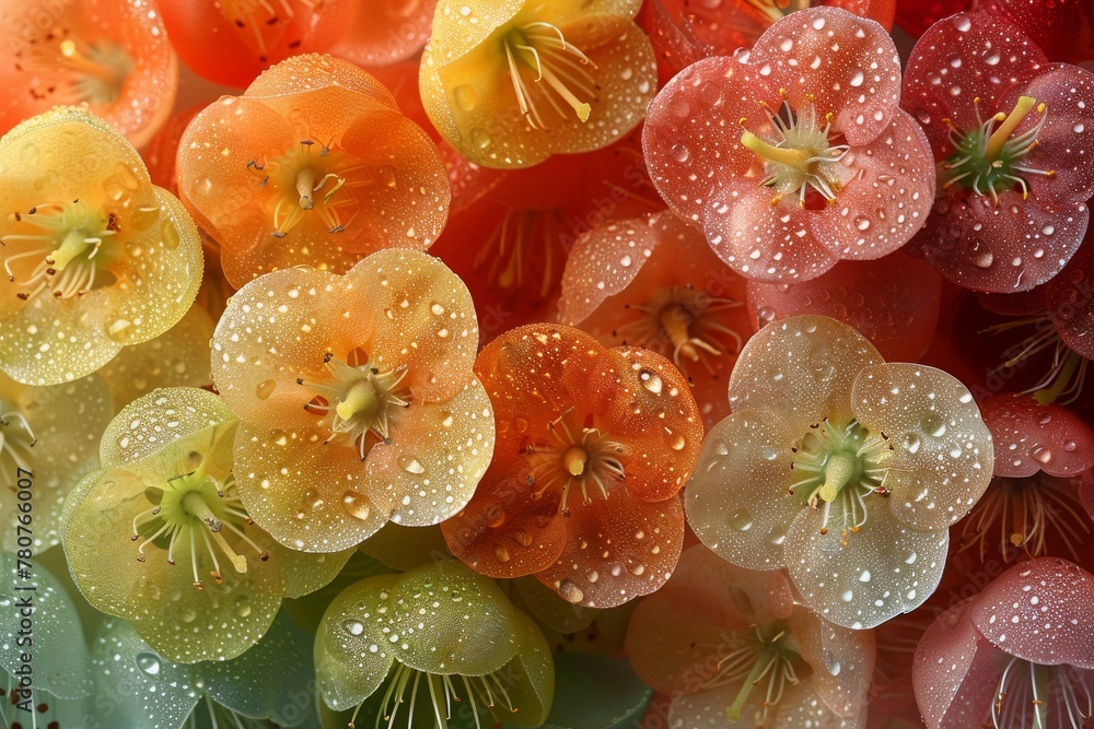 Aufkleber a mesmerizing display of water droplets on multicolored flowers, creating a stunning abstract patter