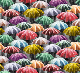 colorful umbrella design in the rain painted in watercolors
