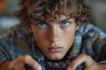 Teenager with striking blue eyes and freckles holding a gaming controller with deep focus