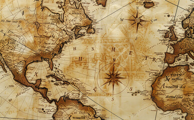 Old vintage world map with compass rose