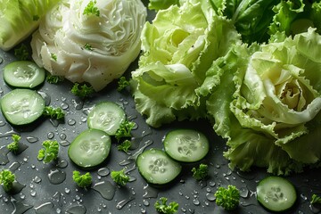 A variety of green vegetables including lettuce and cucumbers, looking fresh with water drops and adding to a healthy diet - obrazy, fototapety, plakaty