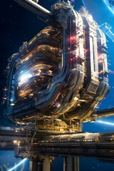 The spectacular design of a futuristic orbital space station, in space operation. - obrazy, fototapety, plakaty