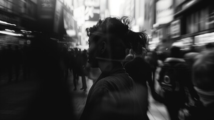 A woman with a ponytail stands in a crowded city street - obrazy, fototapety, plakaty