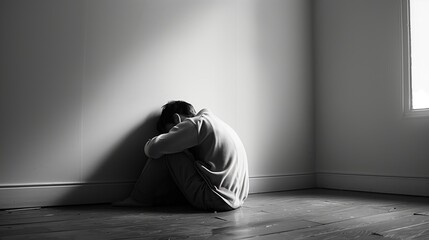 A man is sitting on the floor in a room with a wall behind him