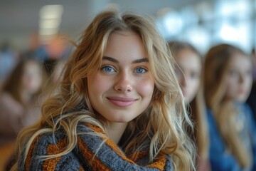 A young blonde woman smiling at the camera with a group of friends softly blurred in the background