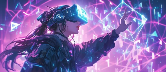 A woman wearing a VR headset in the middle of an immersive experience, with futuristic elements around her