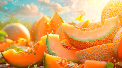 Cantaloupe melon harvest in the garden. selective focus. - obrazy, fototapety, plakaty