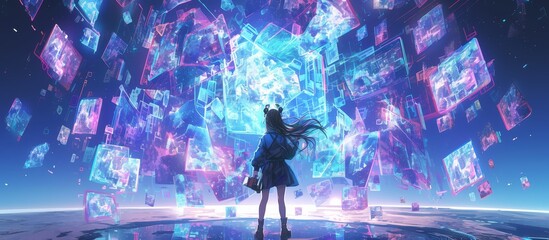 A young woman wearing VR glasses stands in the center of an abstract futuristic space with floating holographic objects around her, with neon lights