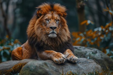 A powerful lion with a striking mane lies regally on a rock, his sharp gaze surveying his surroundings in a verdant habitat