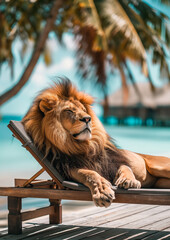 A Male Lion Relaxing on a Deckchair in the Sun on a Tropical Island