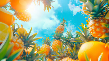 Pineapple harvest in the garden. selective focus. - obrazy, fototapety, plakaty
