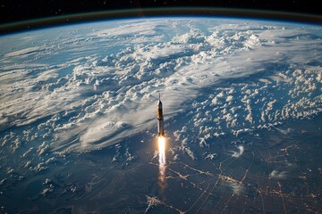 An awe-inspiring image capturing the trailblazing ascent of a rocket as it pierces through the Earth's atmosphere, seen from space